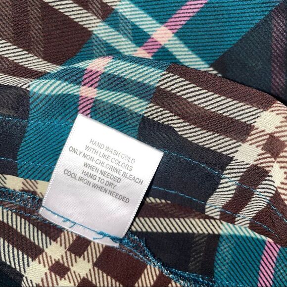 ModCloth blue, black and white plaid button up semi sheer collared blouse/top - Picture 5 of 8